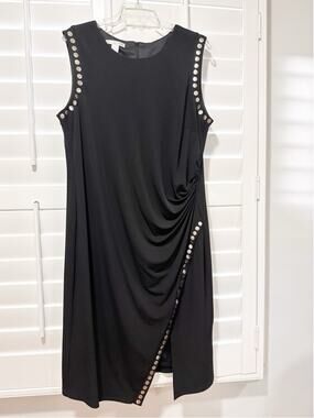 London Times Woman Black Studded Ruched Sheath Dress Size 16W Party Cocktail